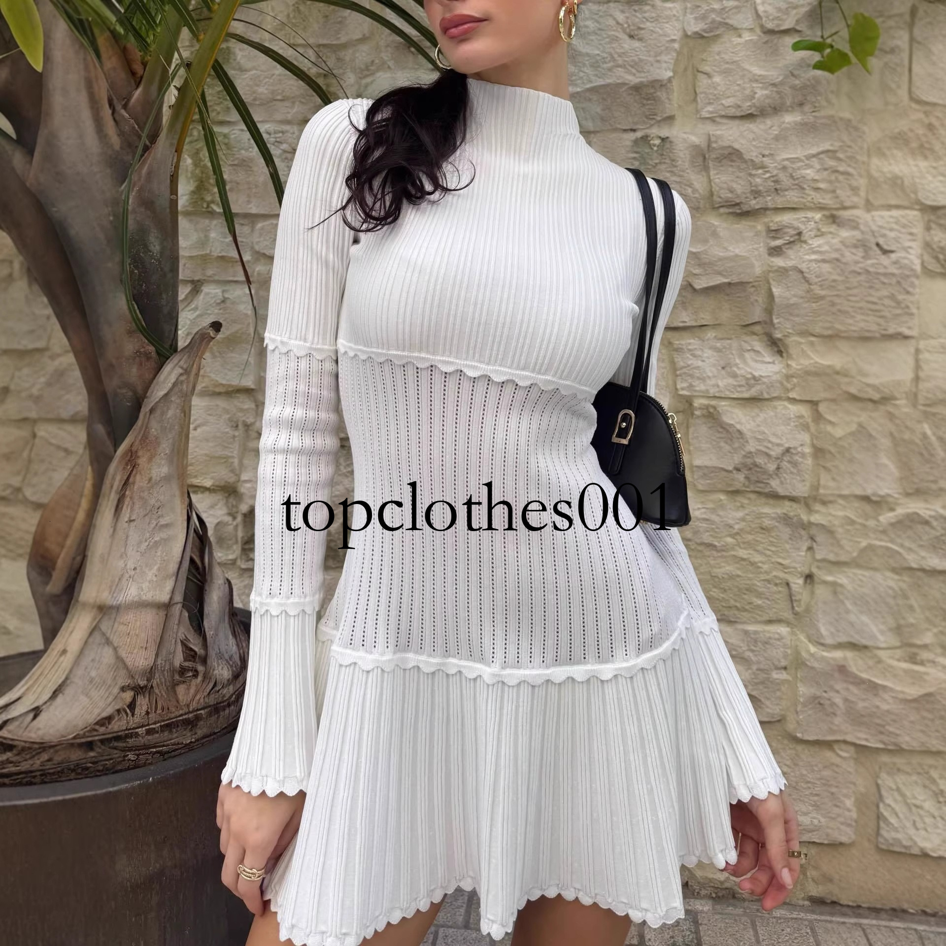 Mock Turtleneck Bell Sleeves Splicing High Waist Slim Knitted Dress Women Spring Solid Color Elegant Casual Leisure New