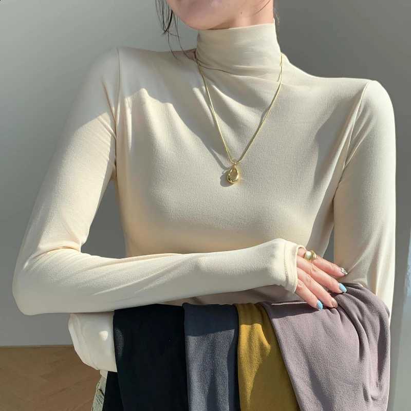 Women's Brushed Thermal Long Sleeve Mock Neck Top Thin Velvet High Elasticity Slim-Fit Elegant Soft Pullover Gentle Office Shirt H260916