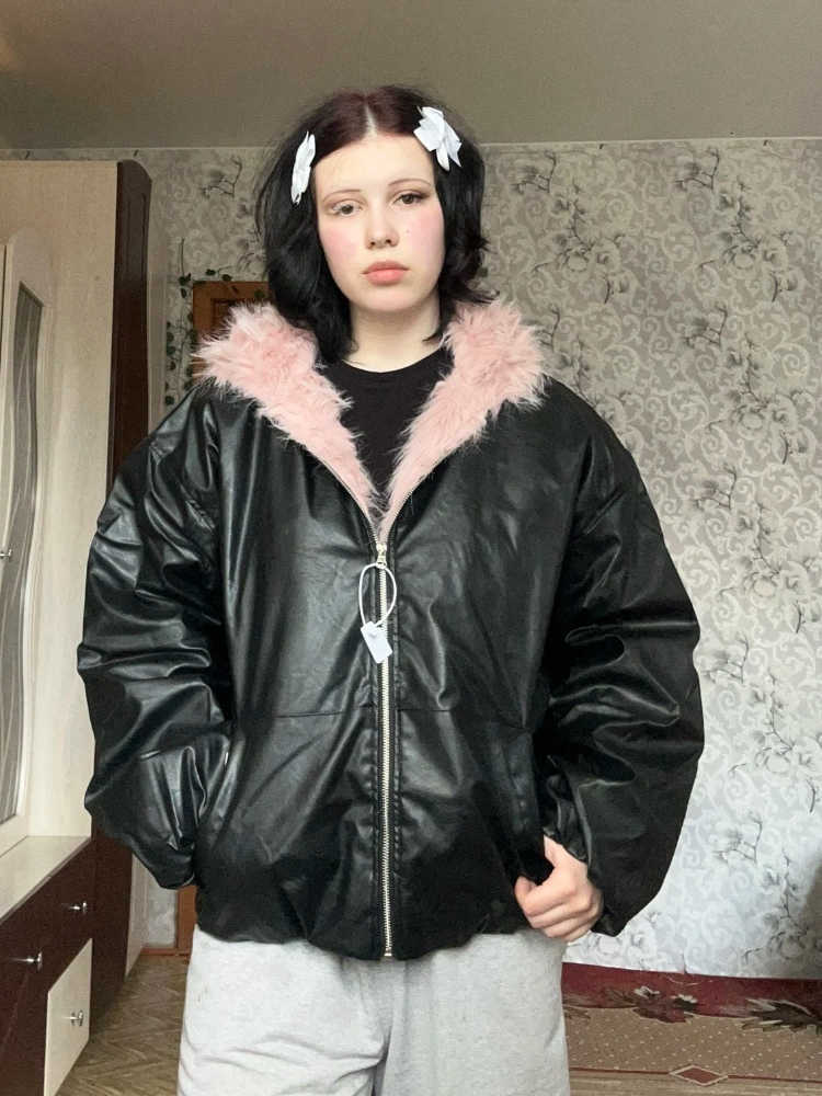 Faux Fur Trim Y2K Pink Streetwear Women's Oversized PU Leather Hooded Winter Parka Coat Warm Casual Daily Fashion Outerwear 2026 H260917