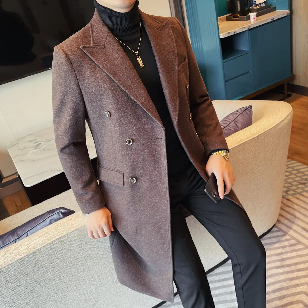 Autumn Winter Vintage Men's Woolen Long Coat Fashion Lapel High Quality Double Breasted Formal Men Slim Fit WindBreaker Overcoat 260916