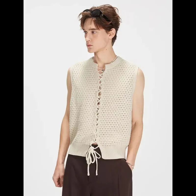 Men's Hollow Out Knit Vest Lace Up Sleeveless Sweater Casual Top 260916