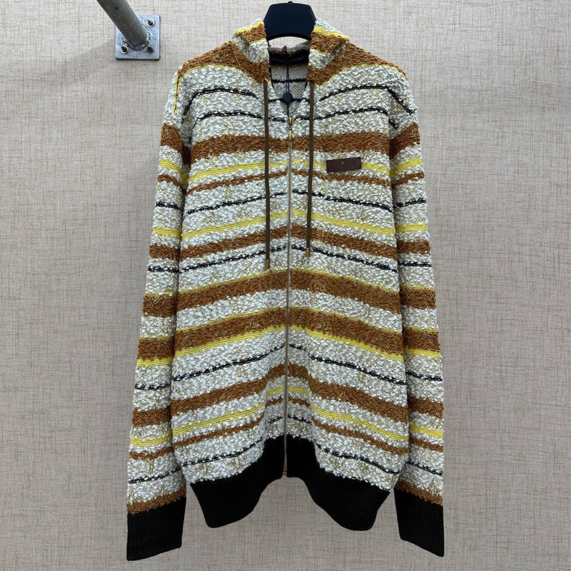 Y2K Colorblock Striped Sweater Hoodies Luxury Women Zip Up Gold Thread Knit Cardigan Vintage Oversized Knitted Jacket