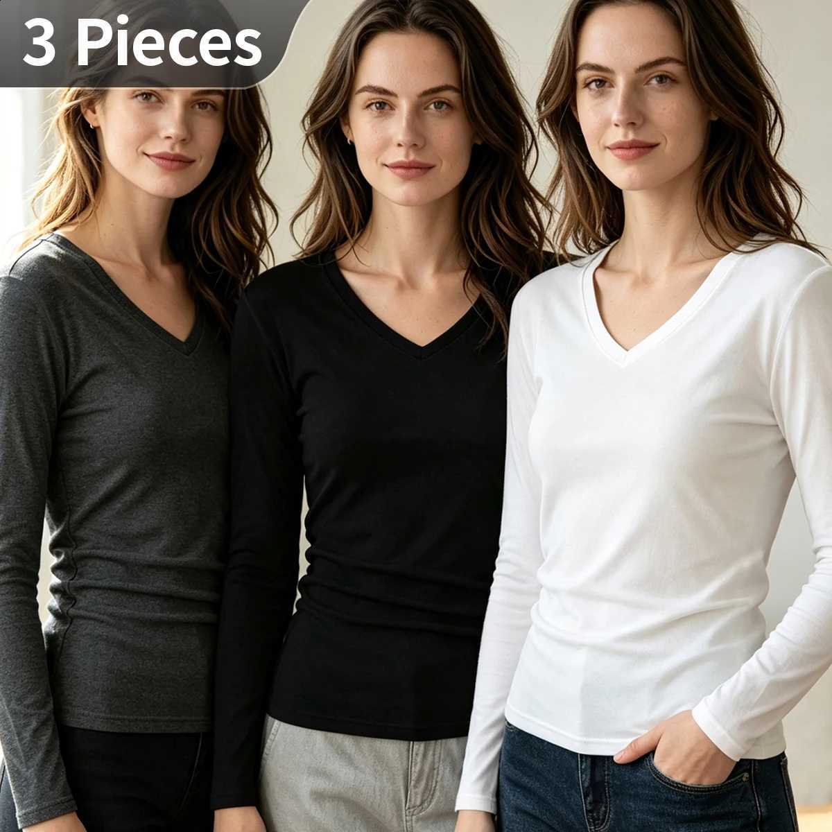 3Pcs Women's Autumn/Winter Slim Fit Top Fashionable V-Neck Warm Long Sleeved Youth Casual Daily Solid Color Sports Comfort Trend H260916