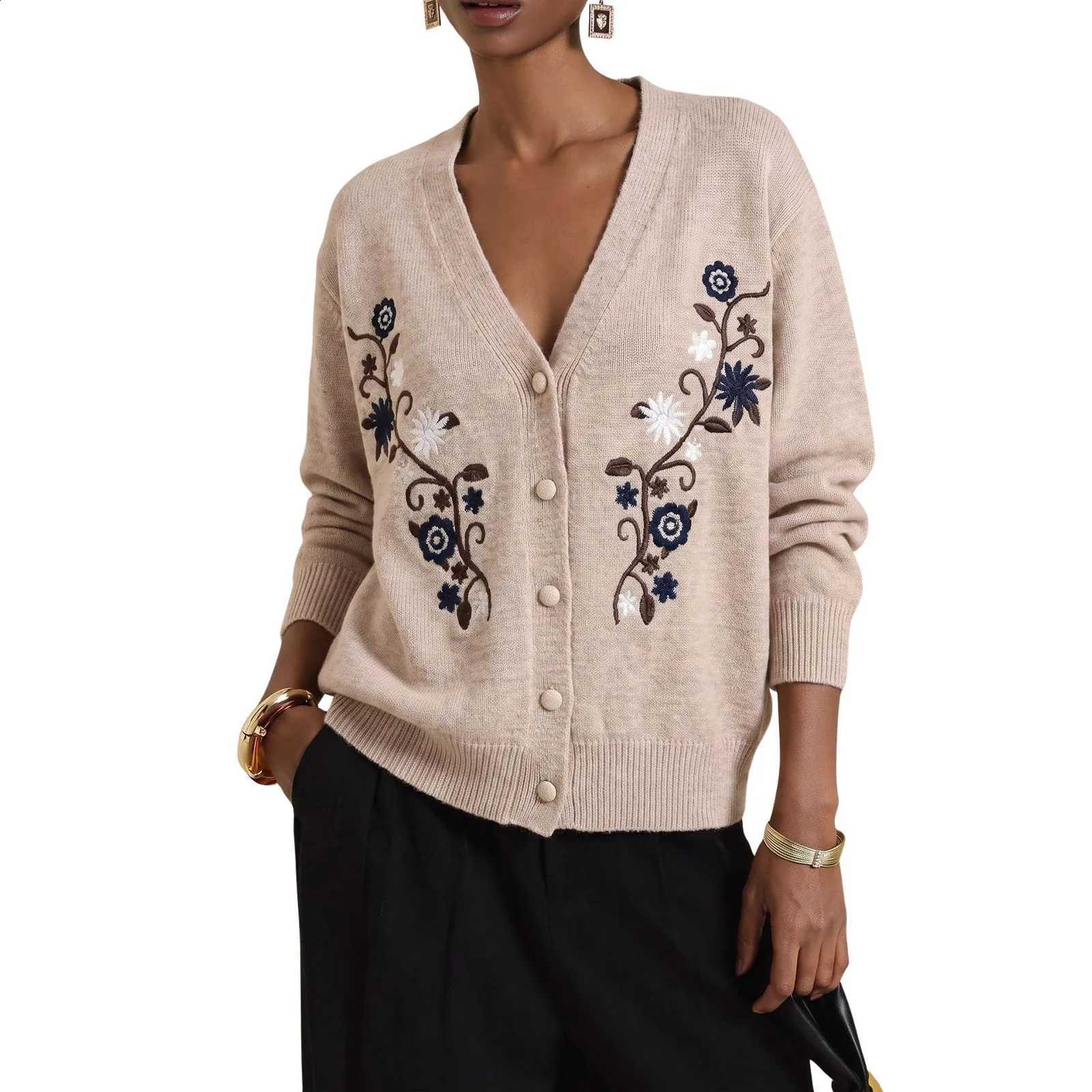 Vintage Women's Floral Loose Print Cardigan V Neck Single Breasted Long Sleeve Knit Sweater Fall Coat Daily Sweaters for Women J260916