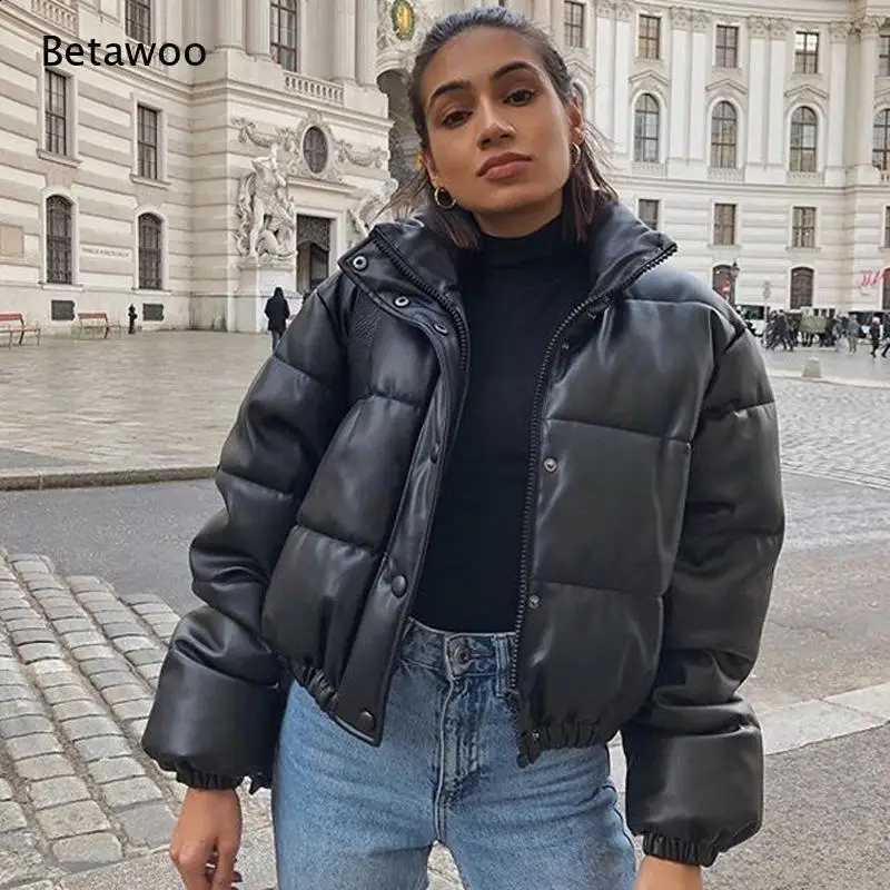Stand Collar Faux Leather Cropped Puffer Jacket Button Pocket Warm Winter Quilted Coat for Women H260917