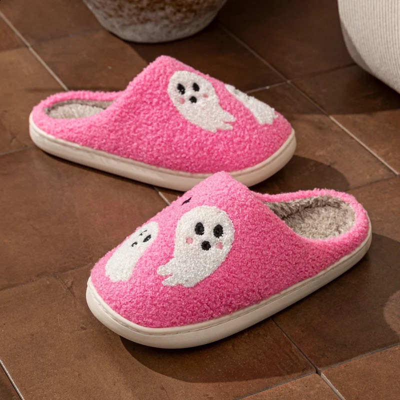 YNPO 2026 Halloween Womens Slippers Winter Pink Ghost Indoor Cartoon Comfort Home Bedroom Soft Causal Flat Plush Shoes for Gift 260916