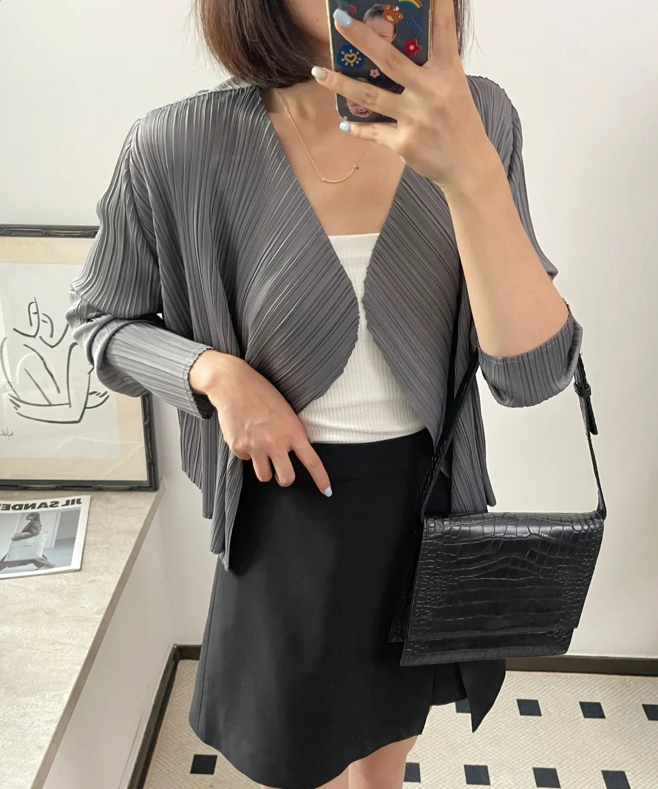 Miyake Pleated Solid Color Top Summer Casual Versatile Commuter Longsleeved Cardigan Jacket 260916