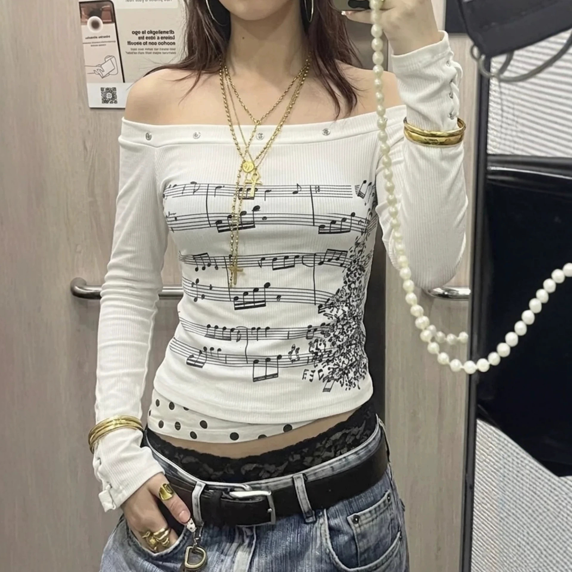 2026 Women's Street Trendy Fashion New Sexy Off-Shoulder Printed Slim-Fit Pullover T-Shirt European and American Cross-Border Apparel 6b