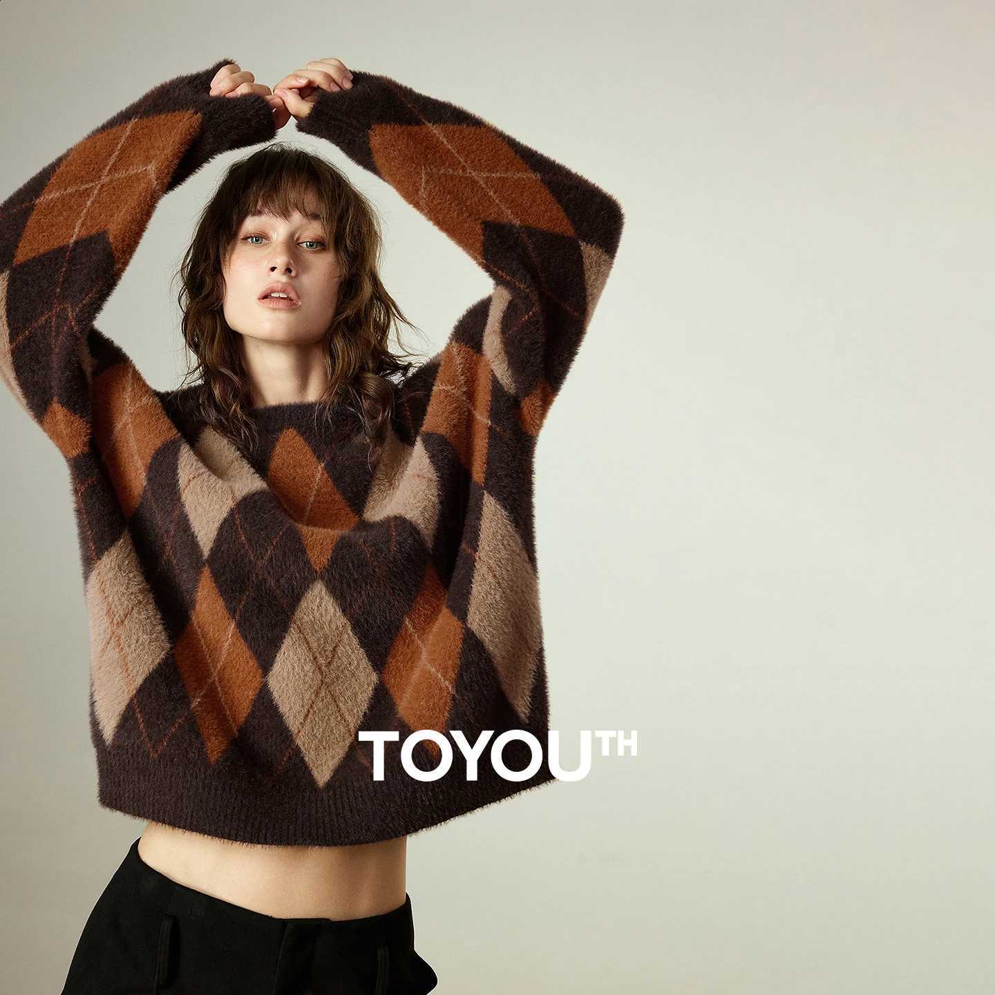 Women's Sweater 2025 TOYOUTH Winter New Loose Crew Neck Amber Streamer Nordic Style Argyle Mink-like Top J260916