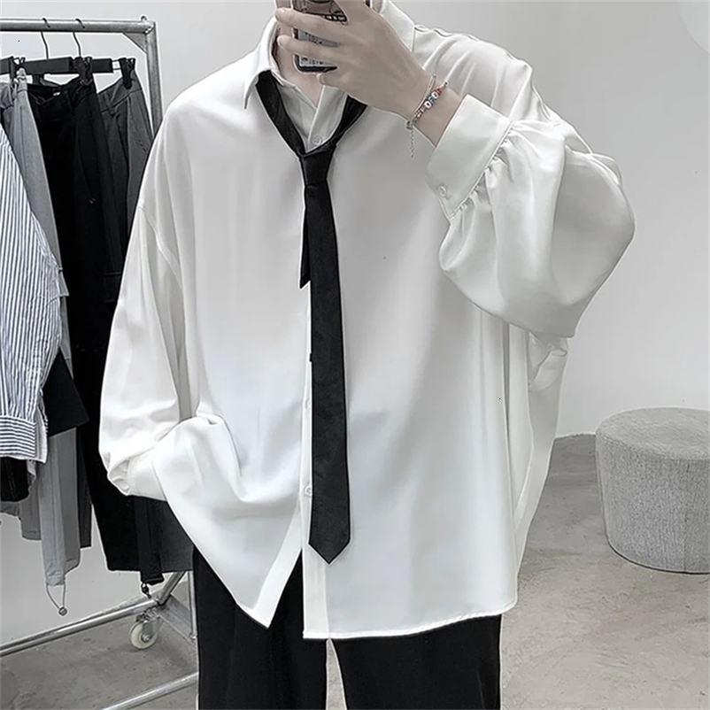 Korean Style Men's Long-sleeved Shirts Black Tie Cozy Casual Solid Oversize Blouses Breathable Loose Shirt Harajuku Male Clothes 260916CJ