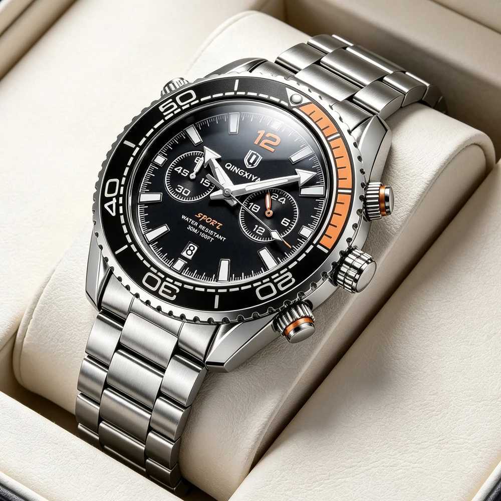 QINGXIYA Brand New Luxury Chronograph Quartz Watch for Men Stainless Steel Waterproof Luminous Calendar Sport Watches Mens ClockT260916