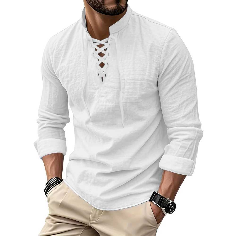 Men's Vintage V-neck T-shirt Cotton Linen Pirate Medieval Viking Gothic Tops Shirts Long Sved Cospaly Halloween Party Top Q260917