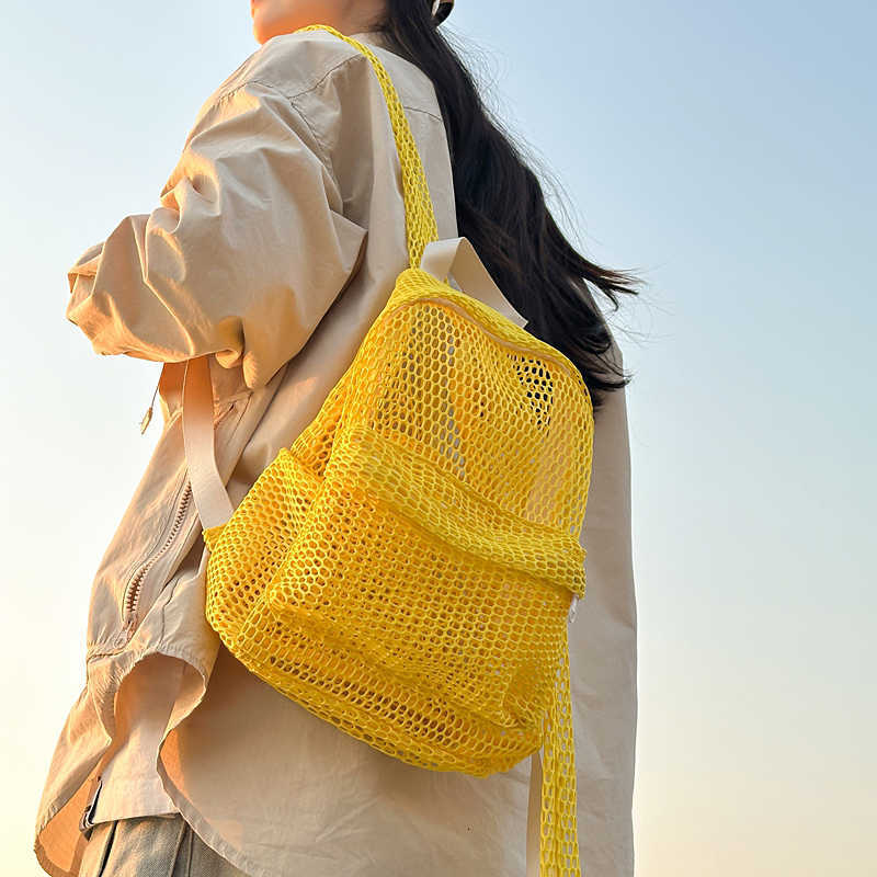 Large Pure Color Capacity Summer Hollow Mesh Beach Bag for Travel Lightweight and Casual Backpack for WomenT260917