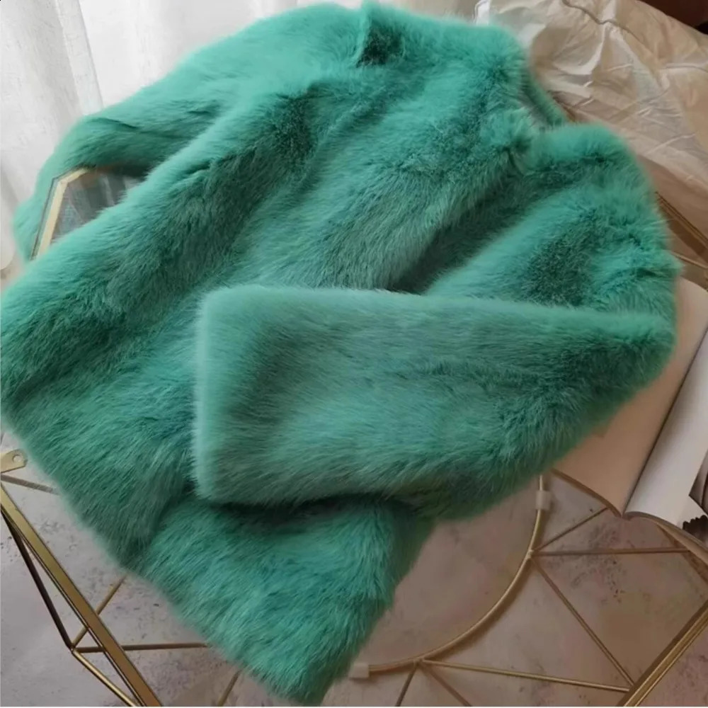 Women Winter Mint Green Hairy Shaggy Faux Fox Fur Coat Elegant O Neck Collarless Long Sleeve Furry Midi Outerwear 260916