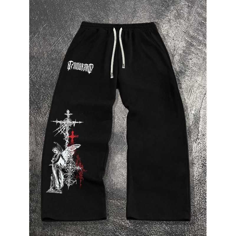 Dark Gothic Angel Style Men'S Casual Athletic Loose Straight Long Trousers Autumn New ArrivalT260917