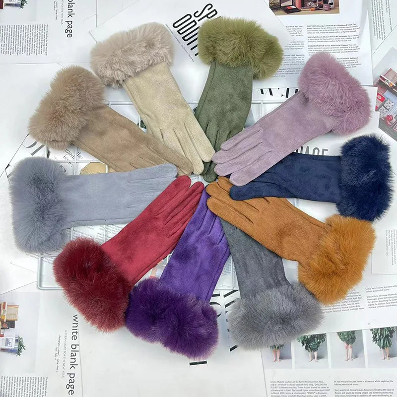 Autumn Winter Women Cute Furry Warm Full Finger Mittens Female Outdoor Cycling Lady Thick Faux Fur Fashion Touch Screen Gloves260915