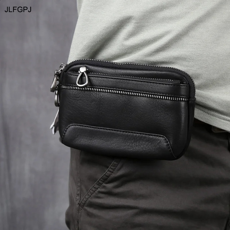 Men's Genuine Leather Horizontal Mobile Phone Bag Retro Top Layer Cowhide Simple Casual Wear Belt Double Zipper Waist JLFGPJ 260917