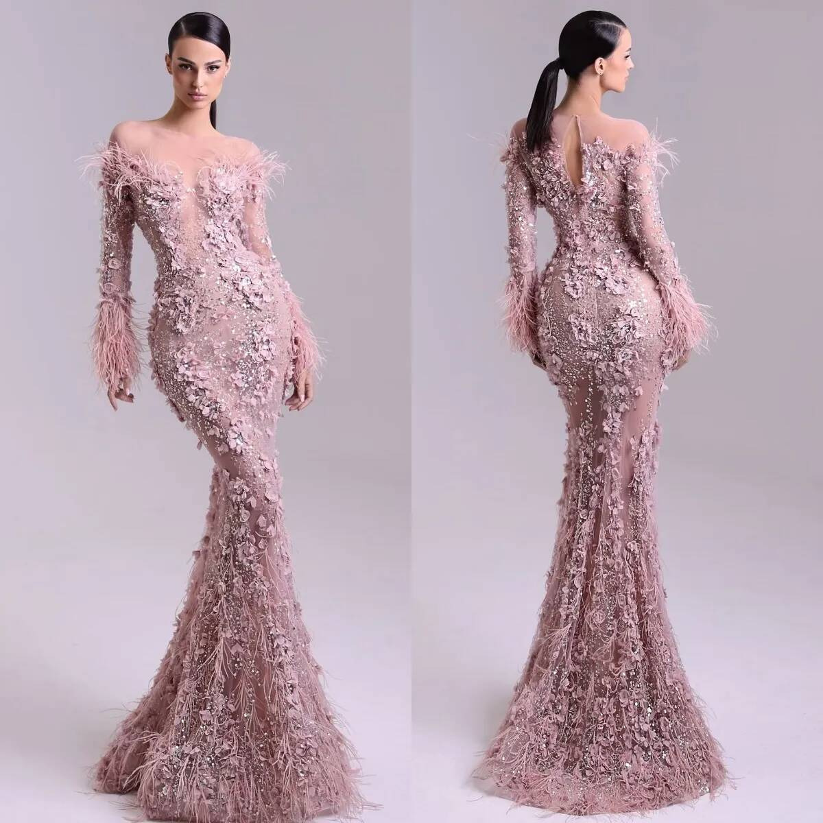 Gorgeous Dust Pink Appliqued Mermaid Evening Dresses Feathers Long Sleeves Gala Women Floor Length Prom Party Dresses For Special Occasions Bc21024