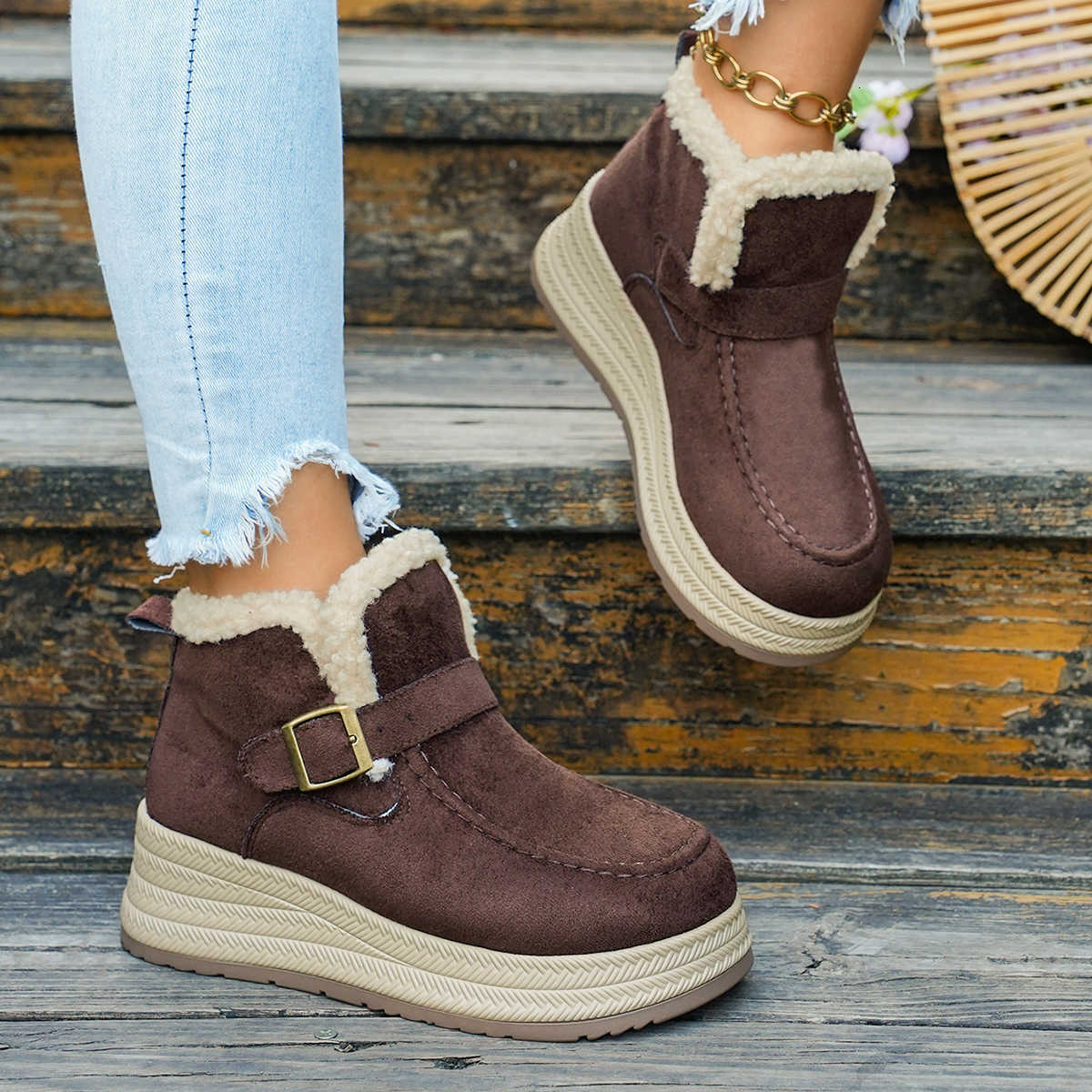 Winter Women's Solid Color Vintage Comfortable Thick Sole Wedge Snow Boots New Women Keep Warm Casual fa1able Women Boot D260917