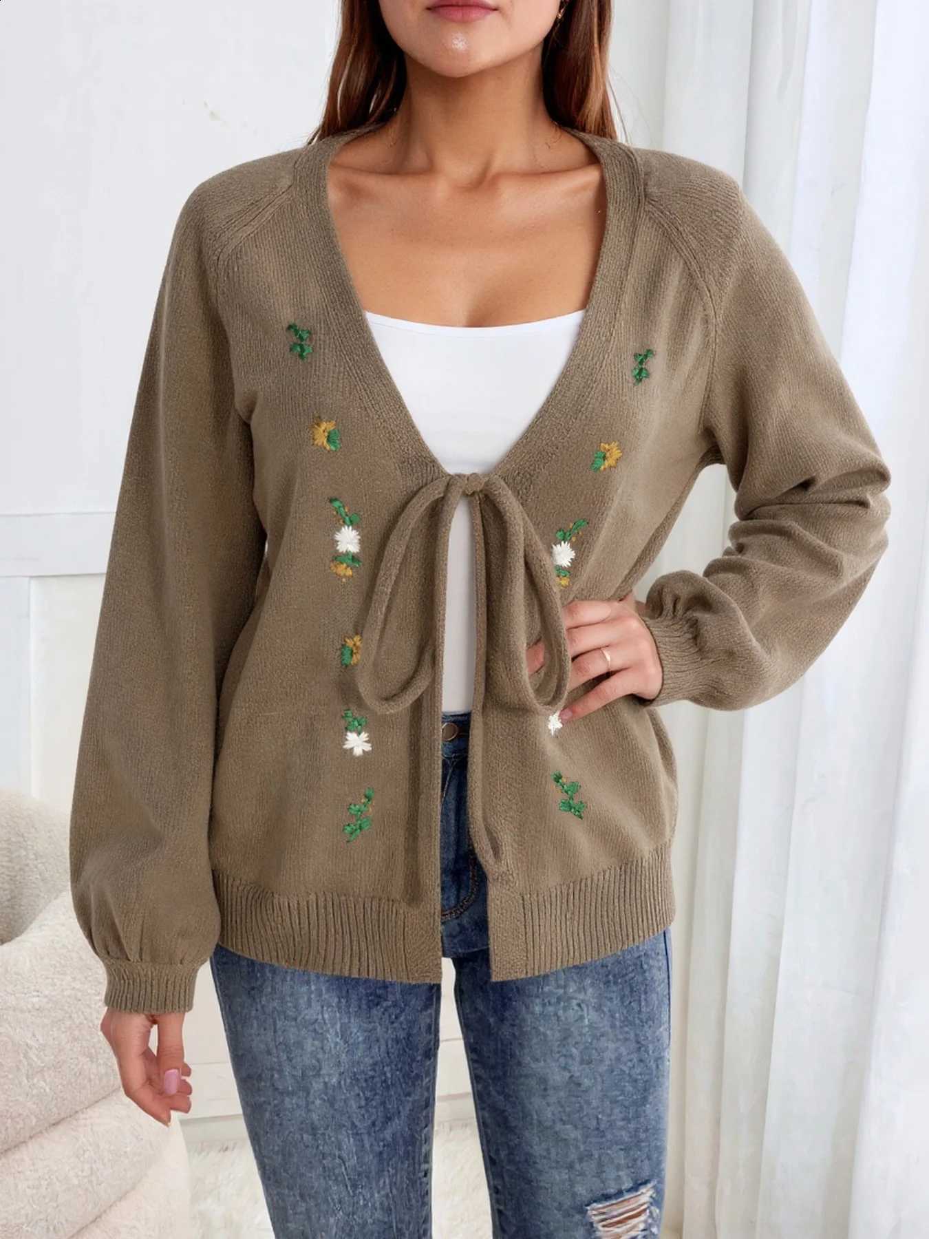 Tie Front V Neck Knit Sweater Women Floral Embroidery Puff Sleeve Vintage Loose Cropped Cardigan Casual Coat J260916