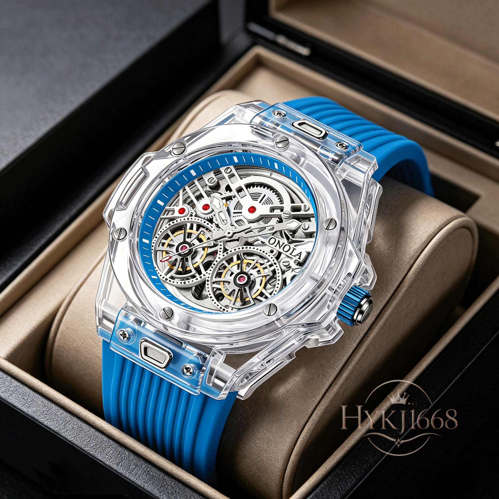 Men's Dual Balance Wheel Automatic Mechanical Watch, Transparent Skeleton Dial with Visible Gears, Blue Silicone Strap, Water-Resistant Sport W