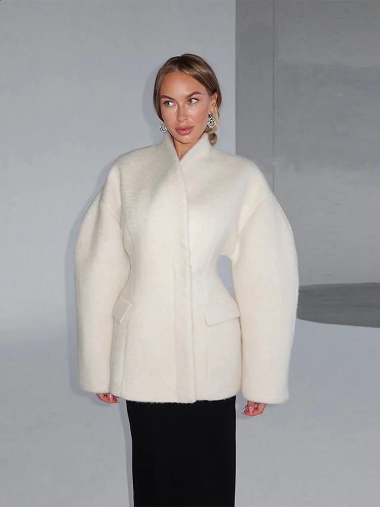 Elegant Solid Women's Woolen Coat Full Sleeve Vneck Slim Waistclosed Lady Jackets 2026 Spring Chic Female Street Outerwear 260917