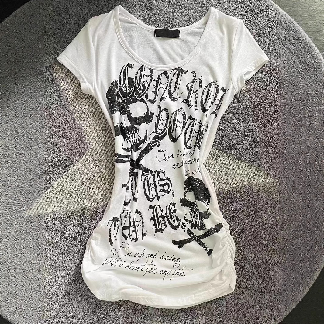 Vintage Mid-Century Waist-Cinching Slim Fit Punk Rock Short-Sleeve American Style Black Skull Women's Top Trendy 52