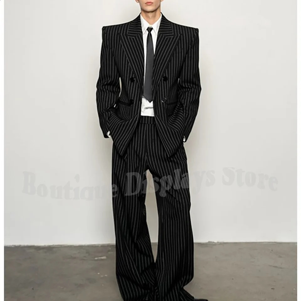 Fashion Striped Mens Suits Loose Casual High Street Style Double Breasted Chic peaks Lapel Blazer Pants Prom Suit Two Pieces 260916