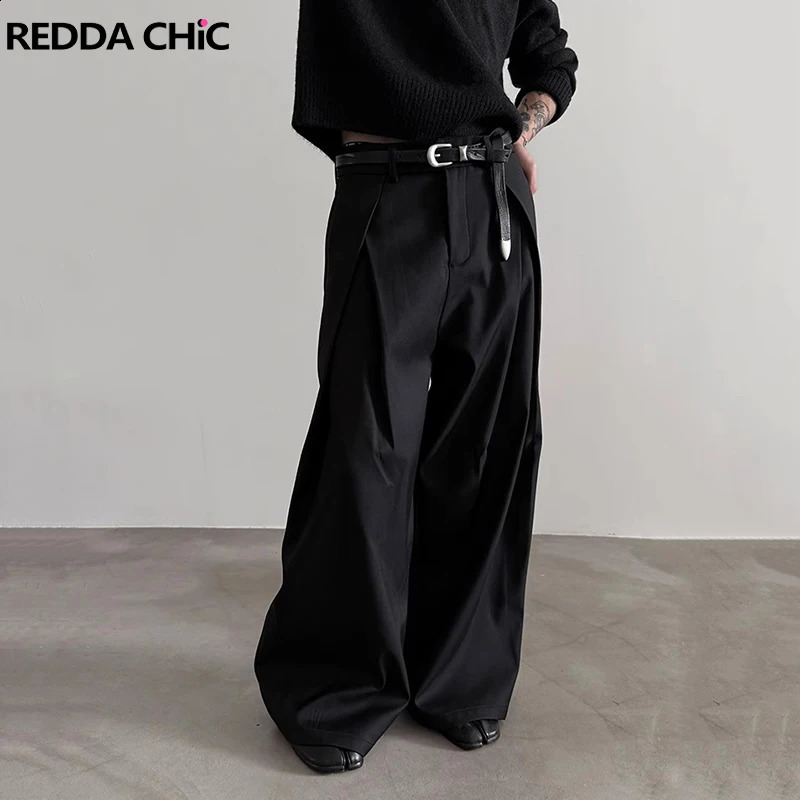 REDDACHiC Mens Pleated Front Wide Leg Pants Cleanfit Black Solid Low Waist Dressy Trousers Unisex Office Work Casual Clothes 260917