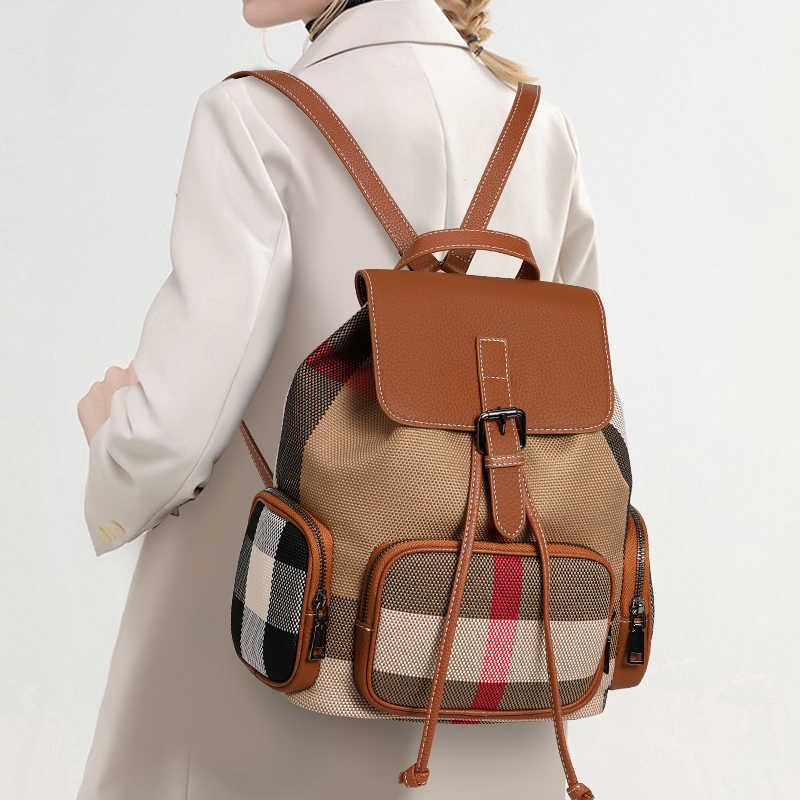 Backpack Women's Plaid 2026 New Style Fashion Canvas with Leather Women's Bag Large Capacity Lightweight Travel BagT260917