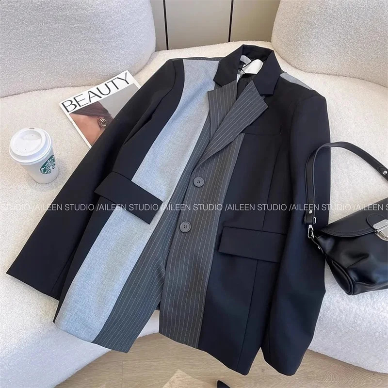 Black Grey Atitching Contrast Blazer Jacket Women 2026 Autumn Retro n Sense Silhouette Loose Thin Suit Coat Female Top 260917
