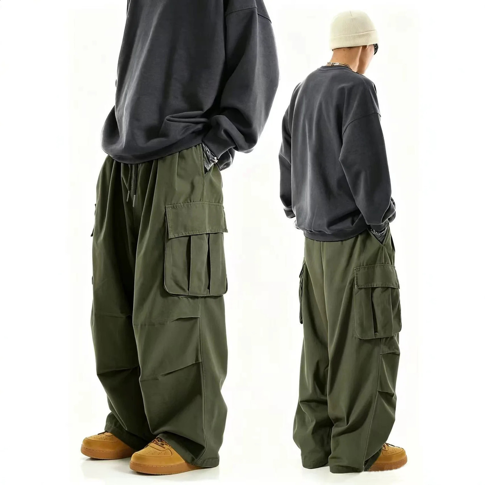Men Baggy Wide Leg Cargo Pants Multi Pockets Solid Color Loose Straight Workwear Trousers Streetwear Casual Summer Male Bottoms 260917