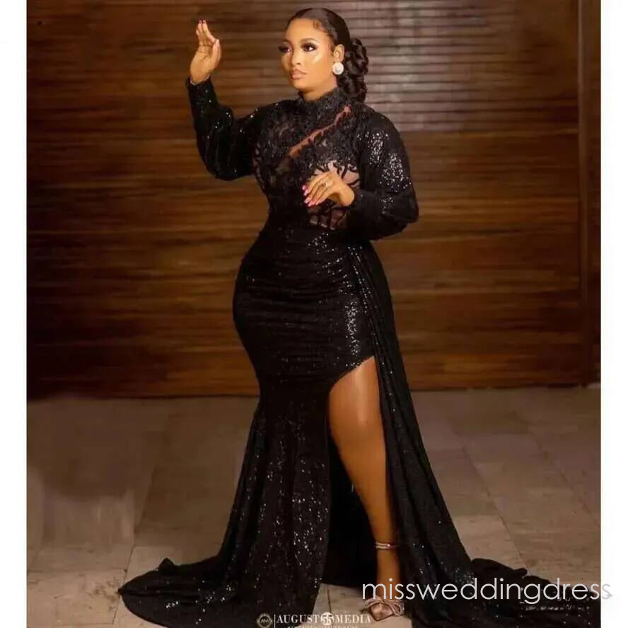 Elegant Black Sequins Prom Dresses For African Women High Neck Long Sleeve Applique Plus Size Formal Birthday Party Evening Gowns Abendkleider Mal