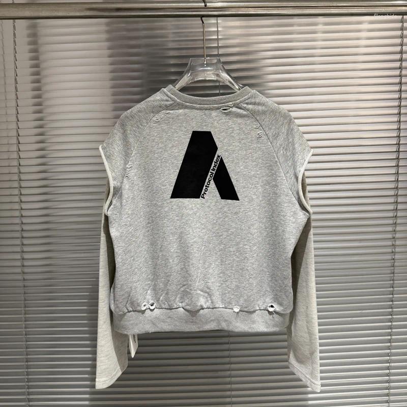 Men's Hoodies 26ss Classic Grey Fake Two Piece Long Sleeve Splicing Waffle Embroidered Retro Printed Protocol Index Hoodie