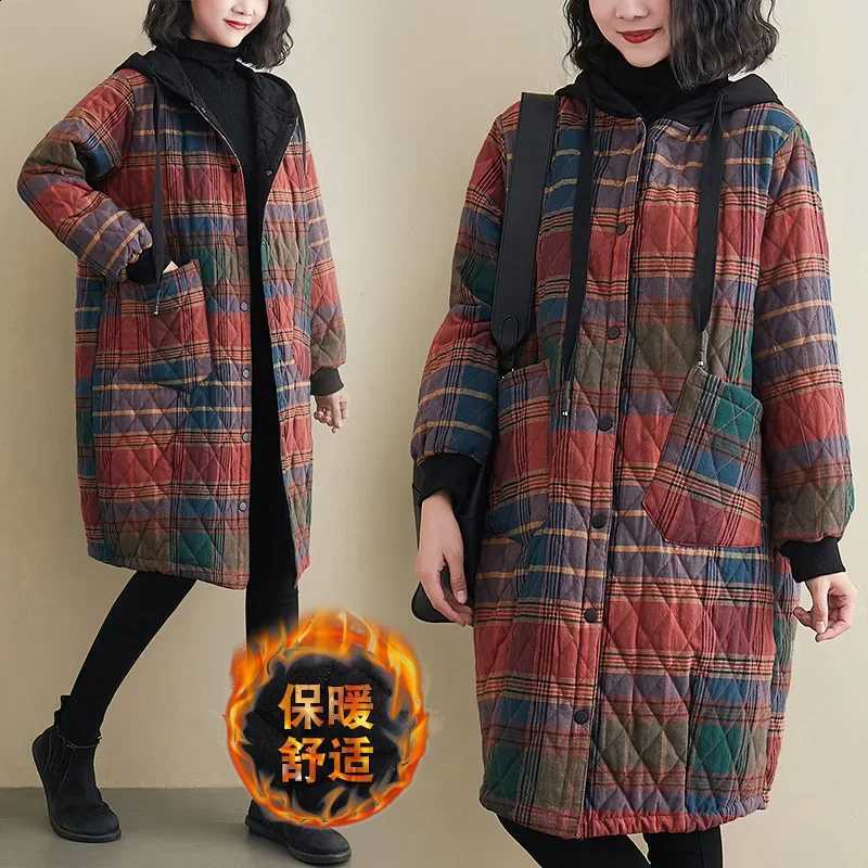 Winter Women's Clothing Hooded Padded Jacket Parka Korean Fashion Plus Size Plaid Mid-length Coat Jacket Keep Warm Loose Leisure H260917