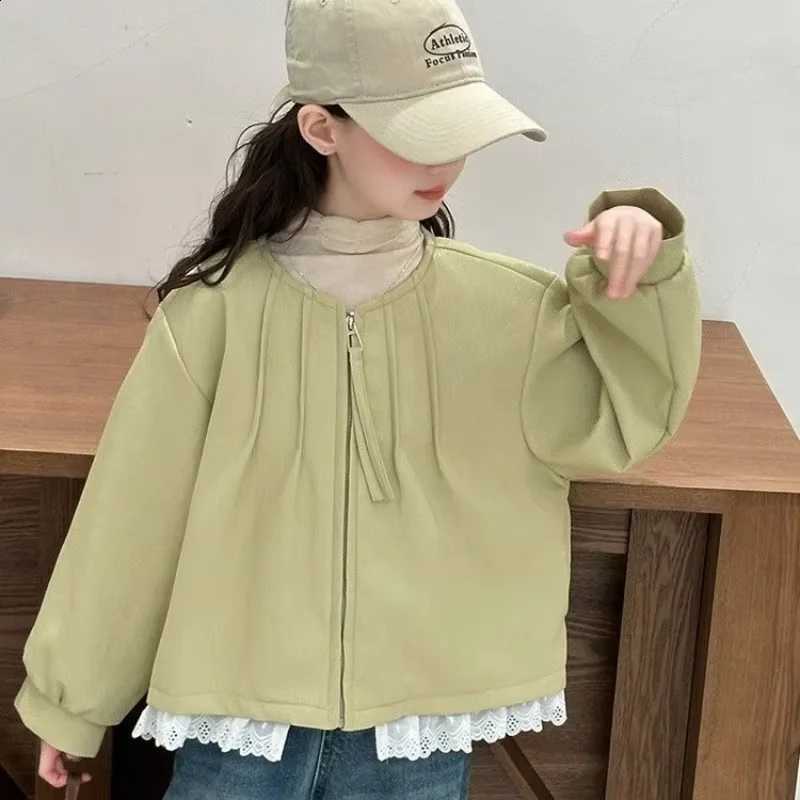 New Fashion 2026 Girls Spring Autumn Stylish Jacket Kids Cute Lace Trim PU Leather Coat Children Clothing 120-170CMT260916