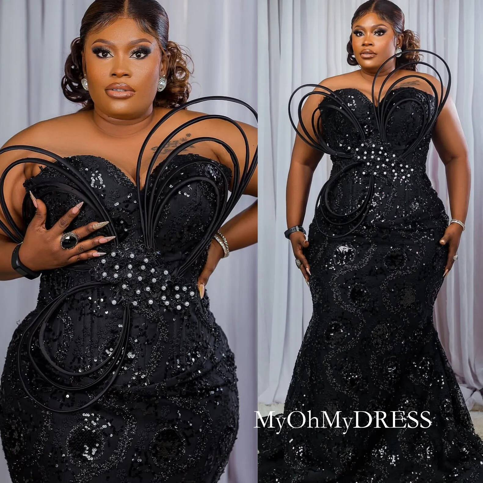 Mermaid Black Plus Size Prom Dresses 2025 Sequined Lace Crystals Stylish Evening Formal Party Second Birthday Engagement Gowns Dress For Special Occ