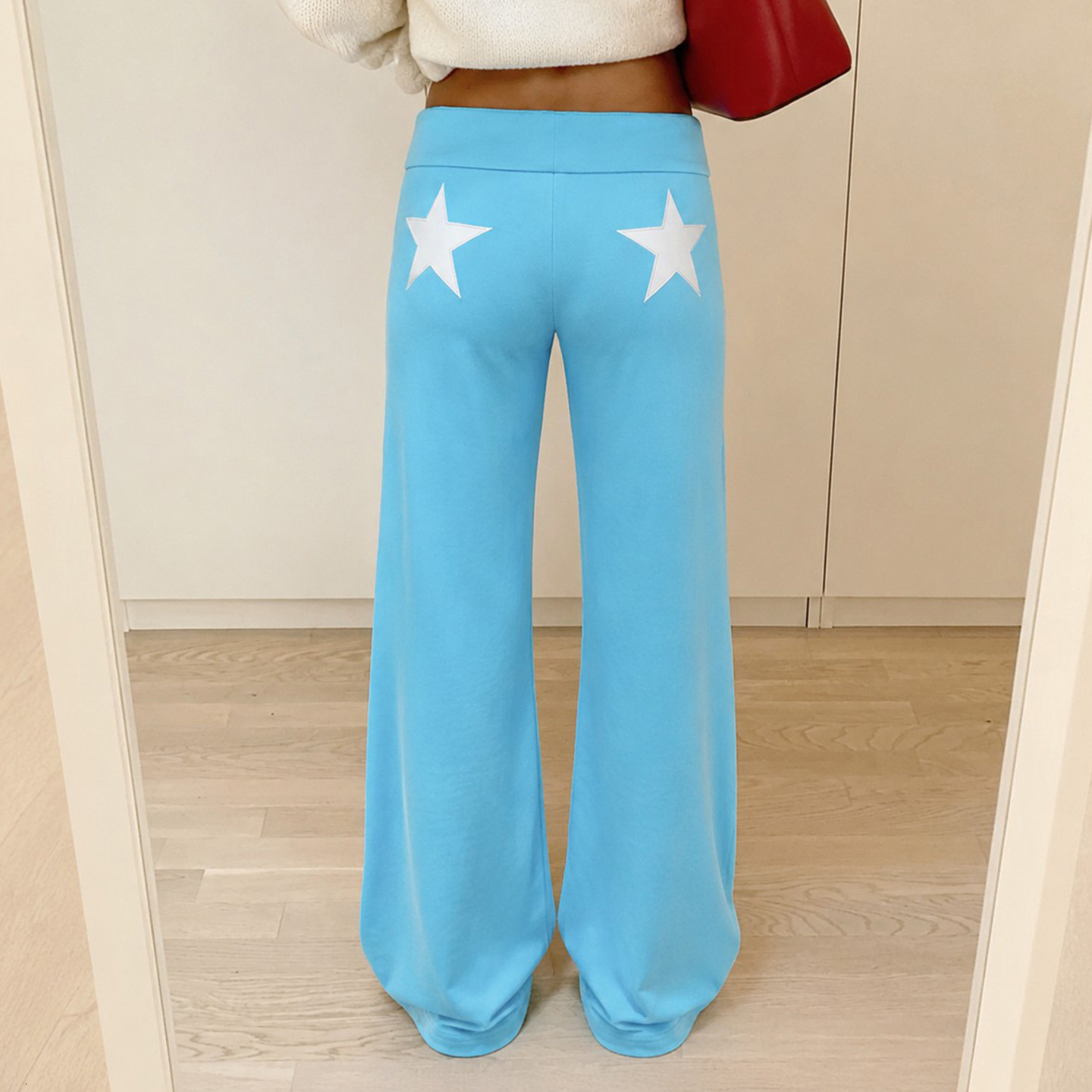 Casual sporty star-embroidered color-blocked low-waist straight pants, fashionable retro Y2K style loose long pants for women 11