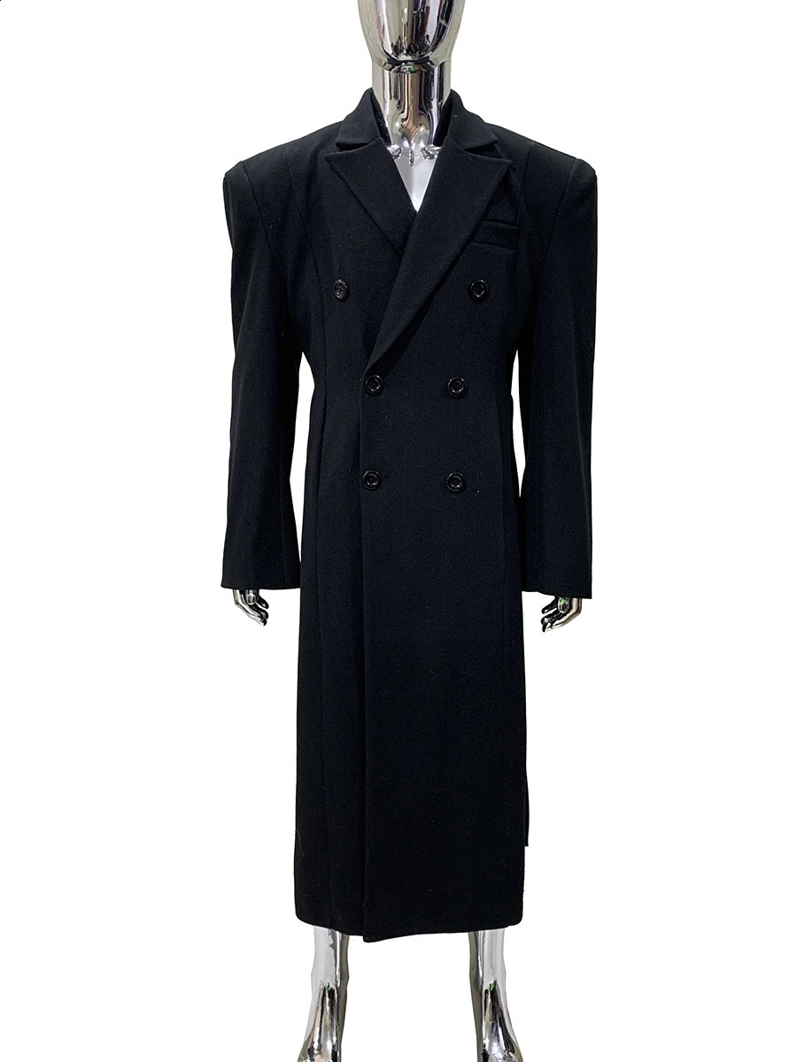 Autumn Winter Long Warm Thick Fitted Black Wool Blends Coat Men with Double Side Slit Shoulder Pads y Woolen Overcoat 2025 260916