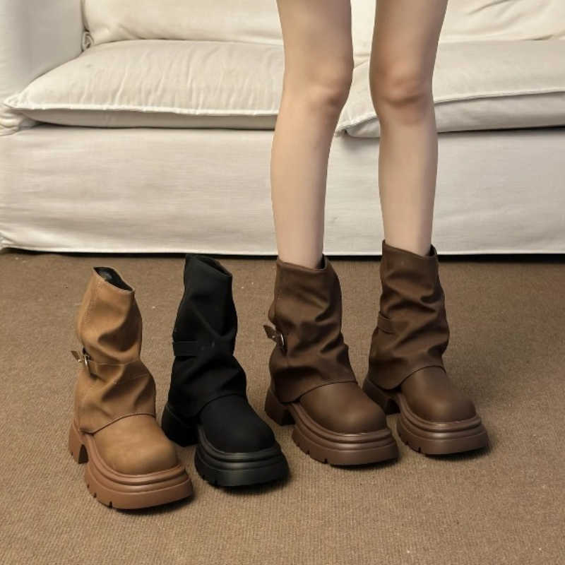 British Bottom Boots Women's Thick Style Autumn Winter Short Boots Brown Mermaid Tube Boot Daily Wear Round Toe Boots 2026 New D260917