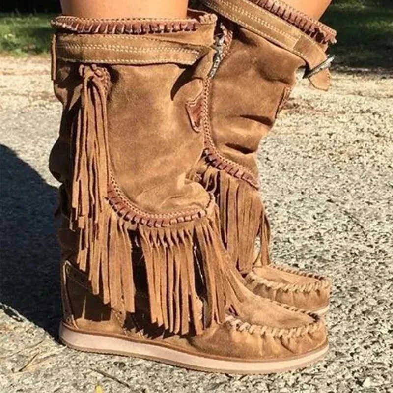Pirate Boots Woman Pleated Tassel Mid-calf Boots Womens Sewing Footwear Leather High Heels Shoes Female Plus Size Zip D260917