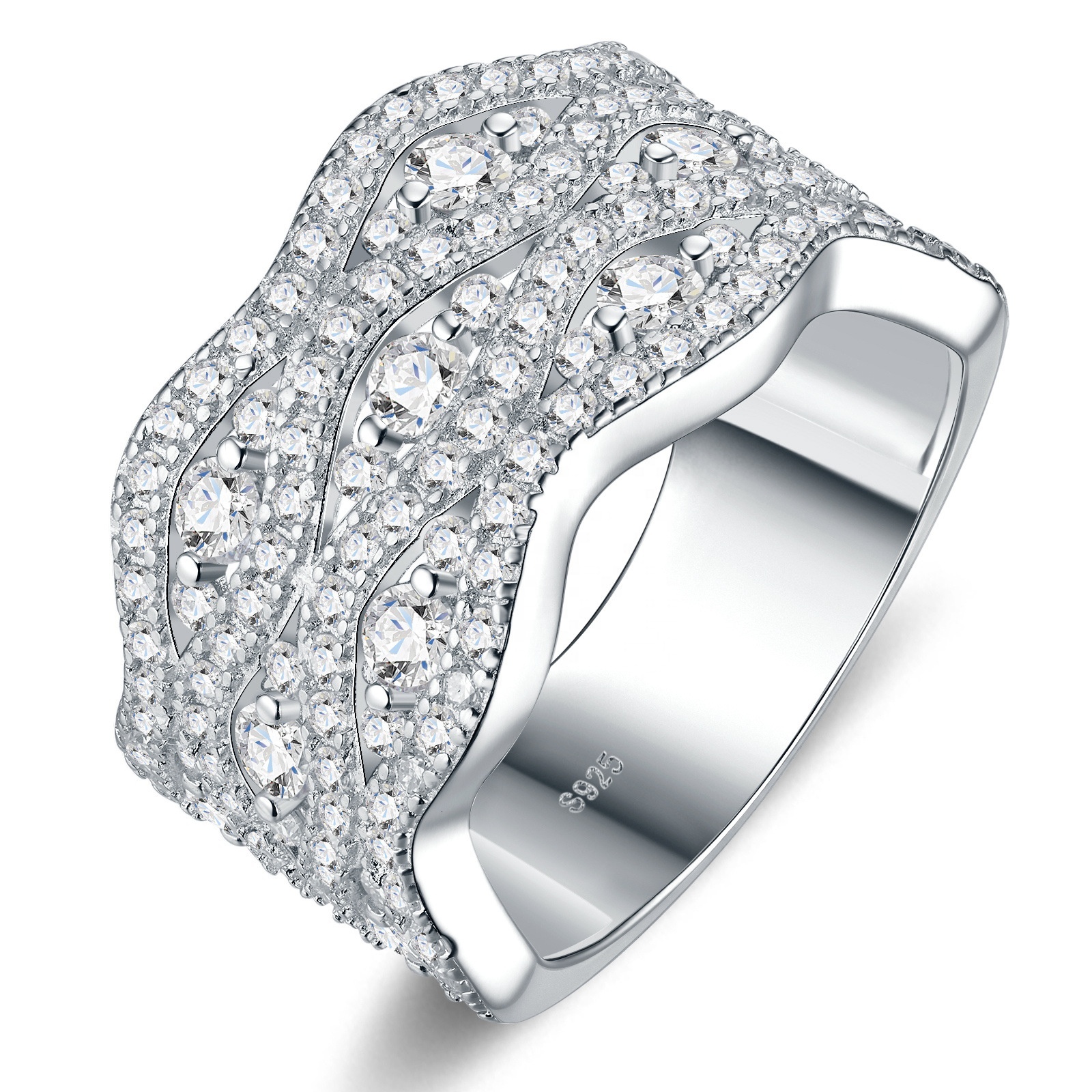 Luxury Wide Band Moissanite Sparkling Jewelry Double Layer Gold Plated Elegant fashion Silver for Women Wedding Gift Ring