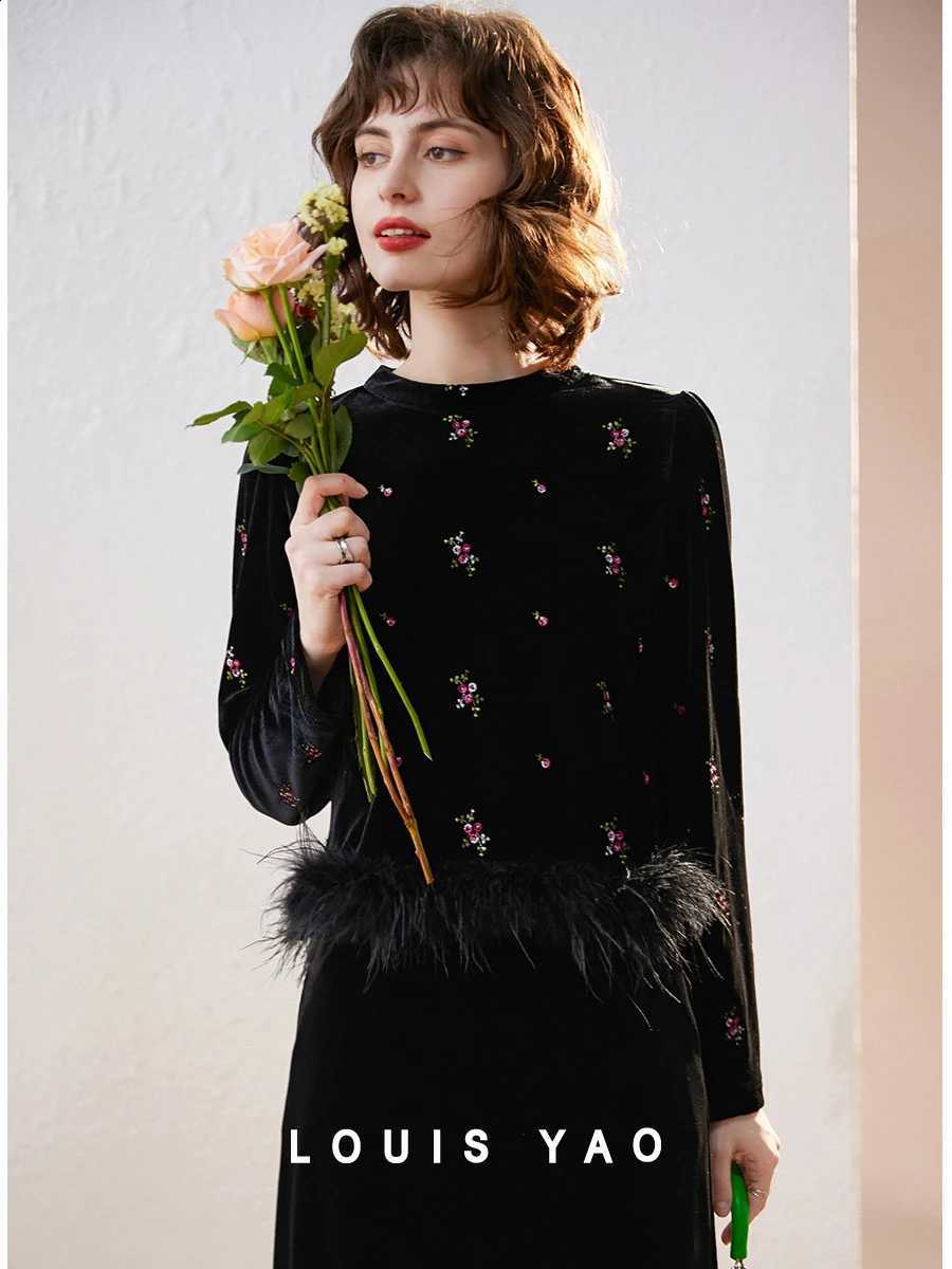 YAO Women Top LOUIS 2024 New Arrival Embroidered Floral Velvet Top Fluff Round Neck Long SLeeve Women's Top J260916