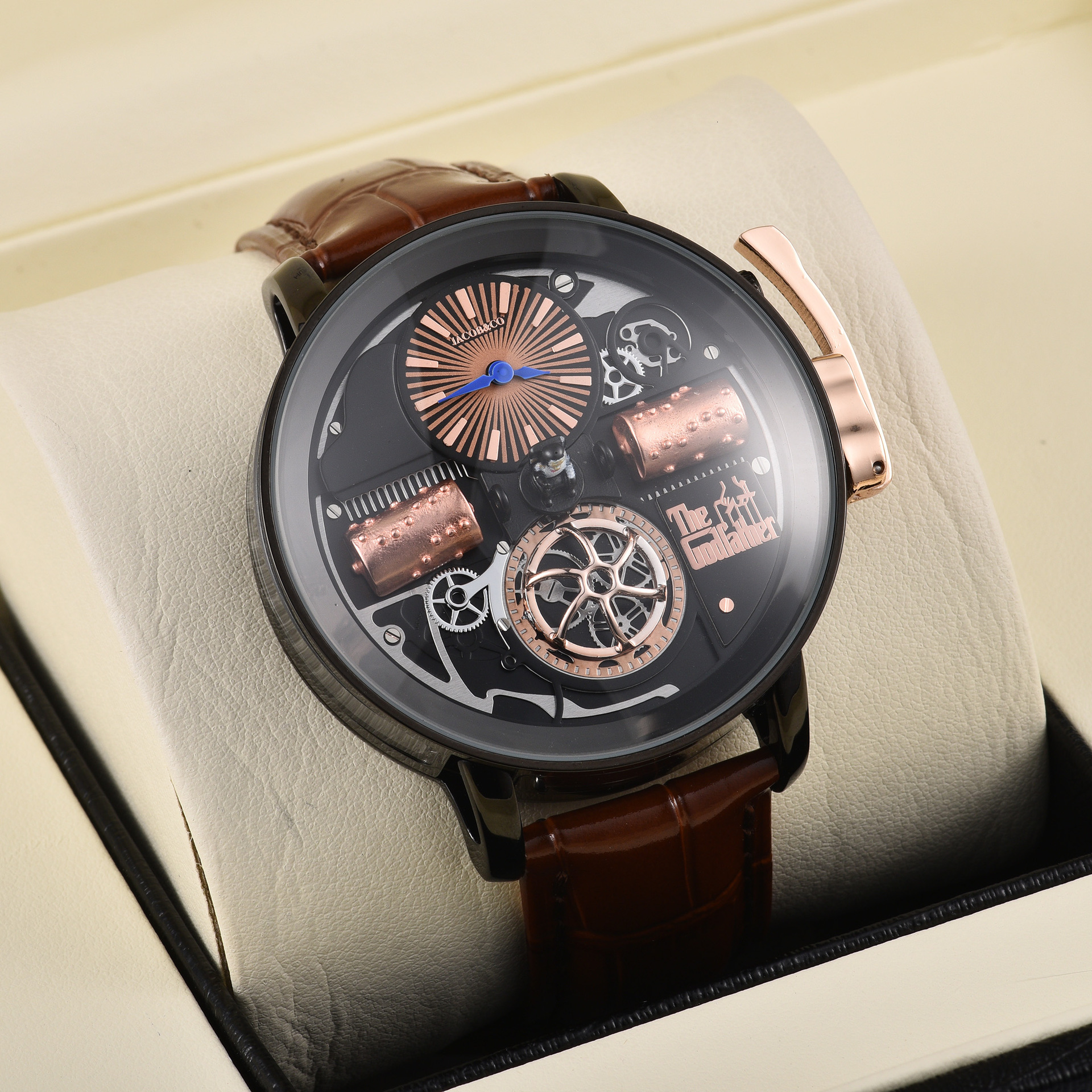 Men's Round Skeleton Tourbillon Style Quartz Watch Luxury Rose Gold Black Dial Brown Leather Strap Business Casual Fashion Wristwatch Gift