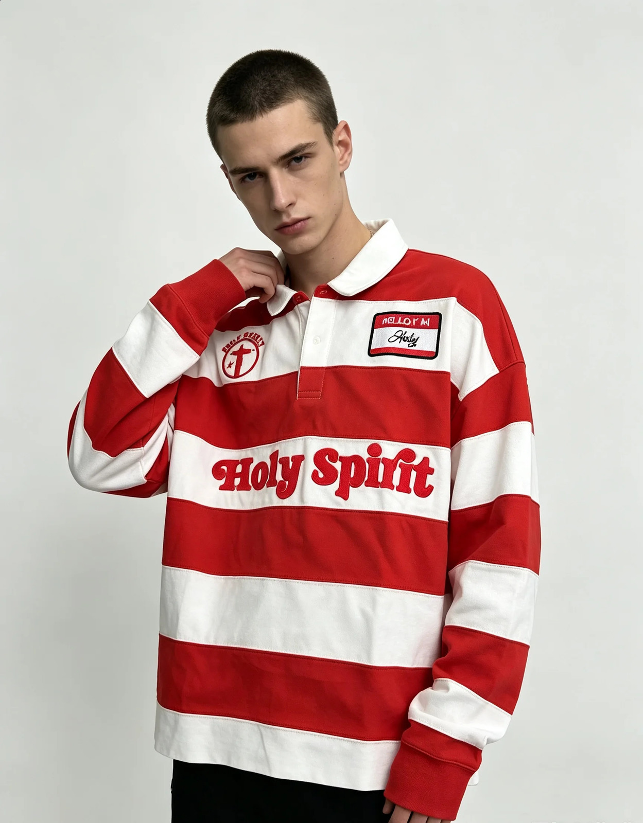 Vintage Red White Striped Rugby Polo Shirt Men Women Holy Spirit Embroidery Patch Oversized Long Sleeve Street Top 260916