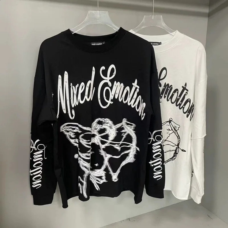 Mixed Emotion Archery Angel Print Beaded Letter Printed LooseFitting Casual LongSleeved TShirts for Men and Women 260916