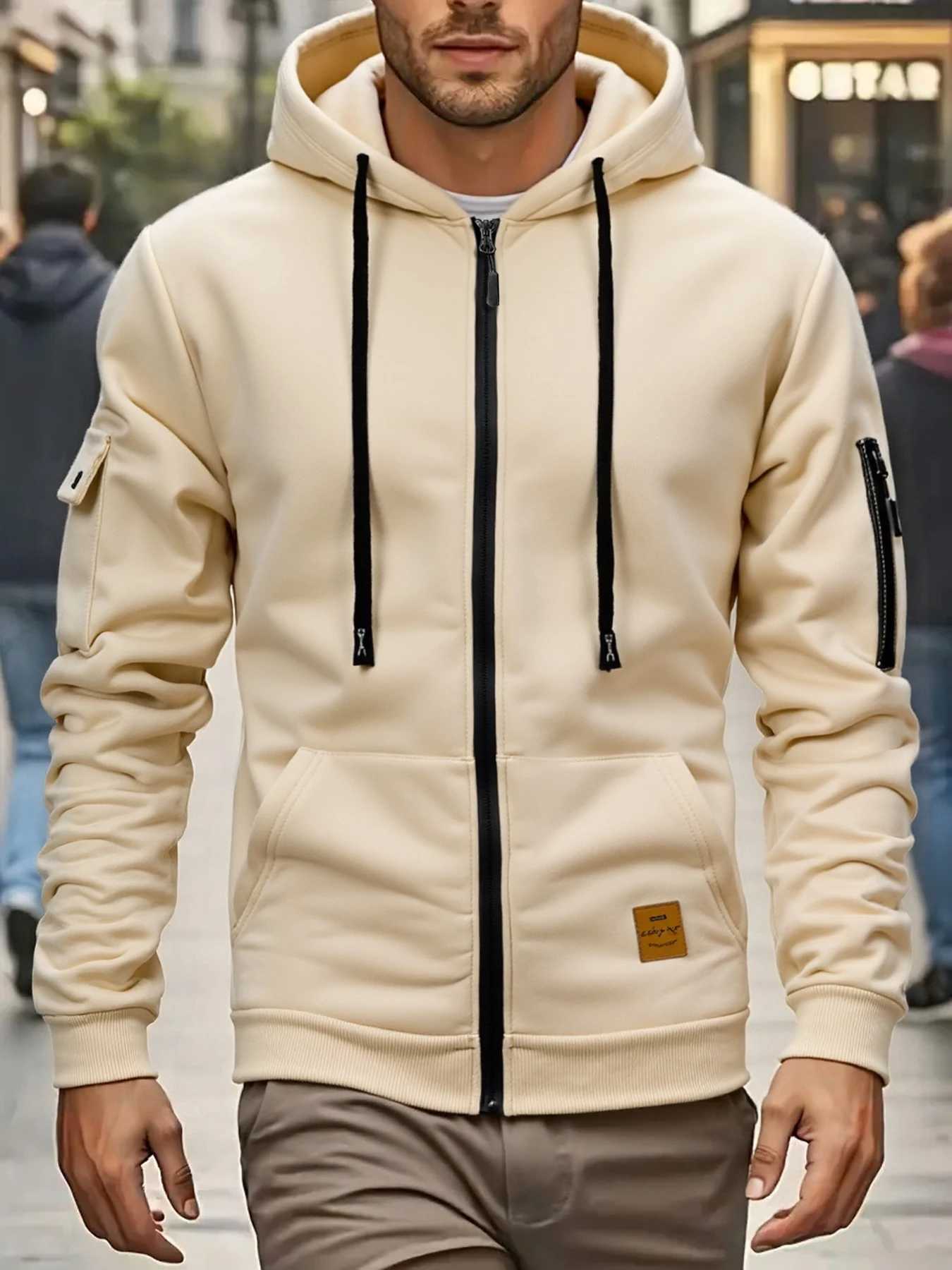 Warm Flce Inner Men Full Zip Hoodie Jacket Utility Zipper Slve Pocket Leather Badge Detail Elastic Ribbed Cuffs Breathable S260917CZI8