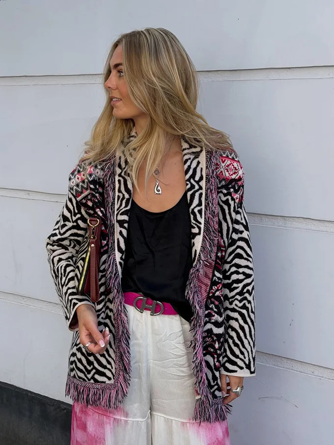 Graphic Print Fringe Knit Cardigan Shawl Collar Belted 2026 Autumn Women Boho Vacation Daily Fashion Outfit Trendy Outerwear 260917
