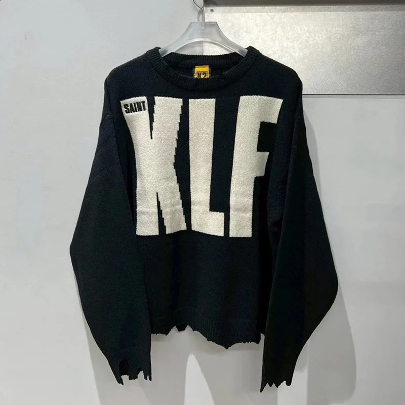 25FW Classic Letters KLF Jacquard Saint Crewneck Sweater Men Women Couple Unisex Hip Hop Damaged Knitted Sweatshirts Tag 260917