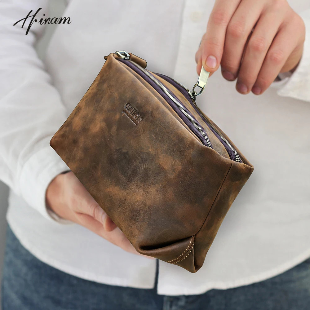 Vintage Genuine Crazy Horse Leather Men Casual Clutch Bag Men's Purse Wallet Large Capacity Handbag Card Holder iPad Mini Pocket 260916